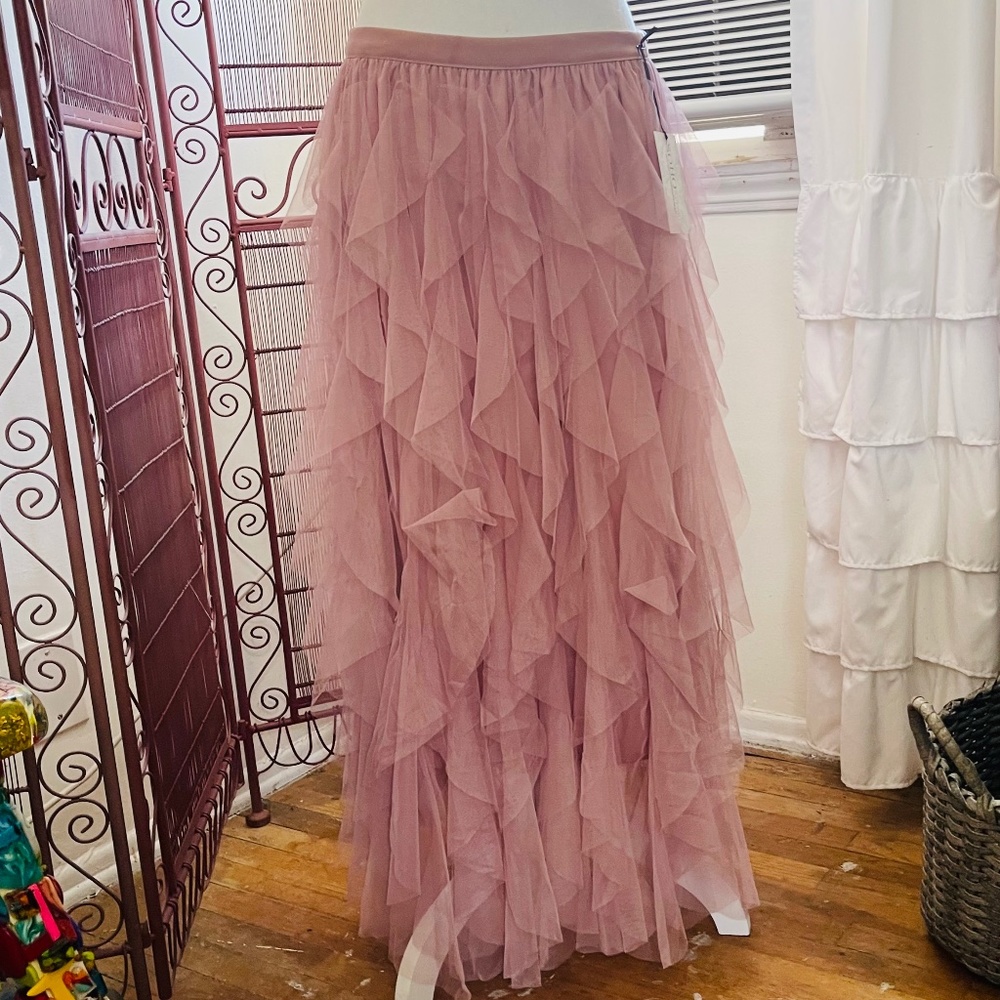 SZ XL ~ Hankerchief Cut Rose Color Tulle Maxi Skirt ~ BOHO CHIC